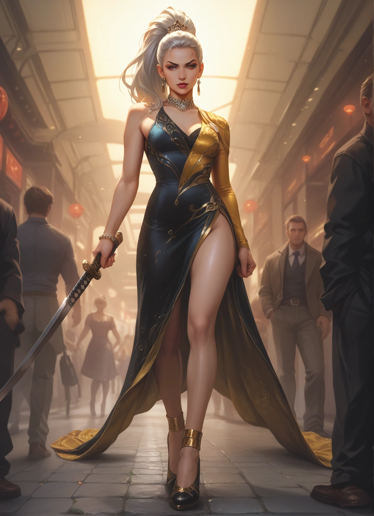 weapon, sword, jewelry, dress, earrings, breasts · Yamete.gg
