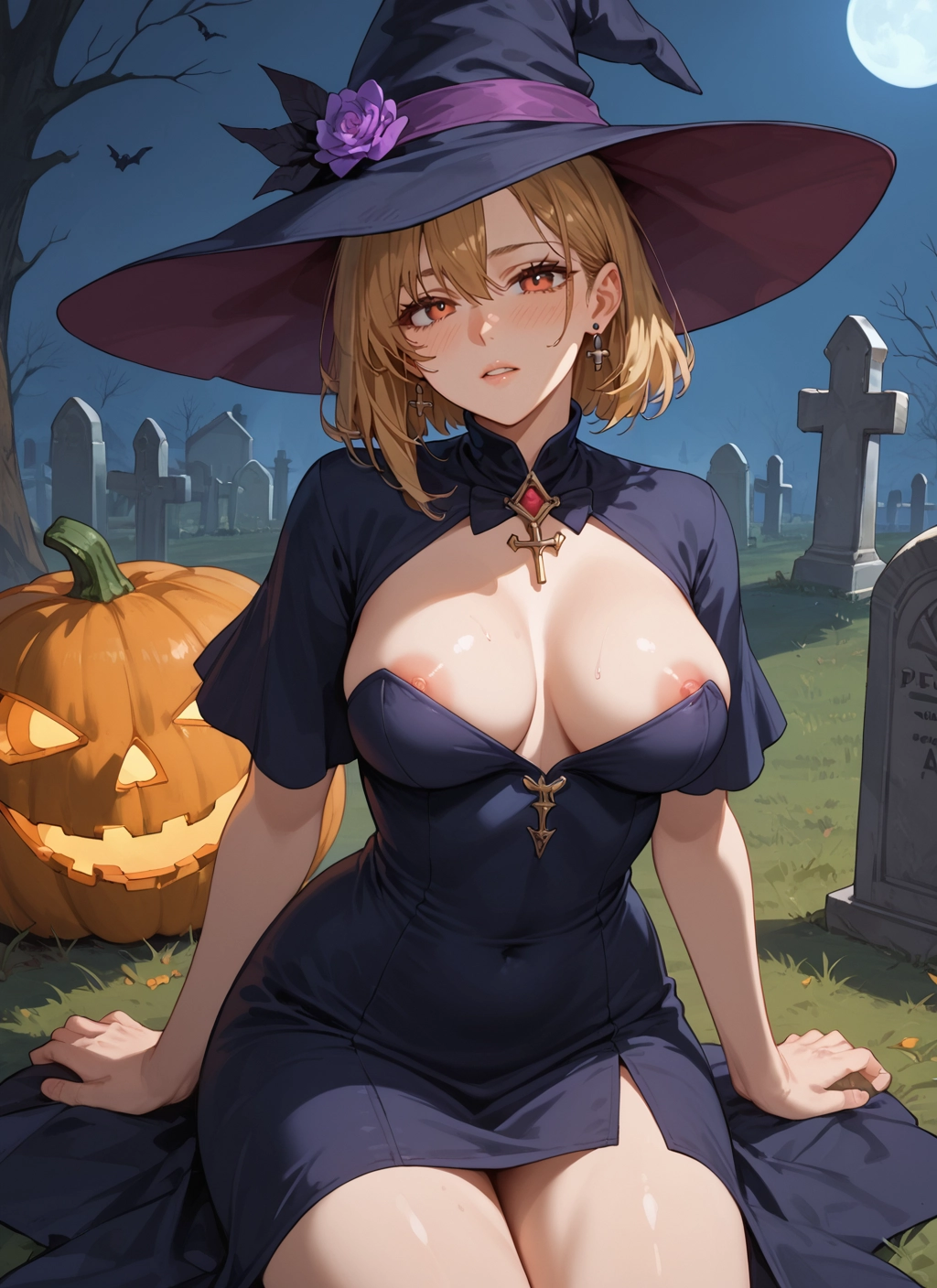 1girl, breasts, graveyard, tombstone, hat, solo · Yamete.gg