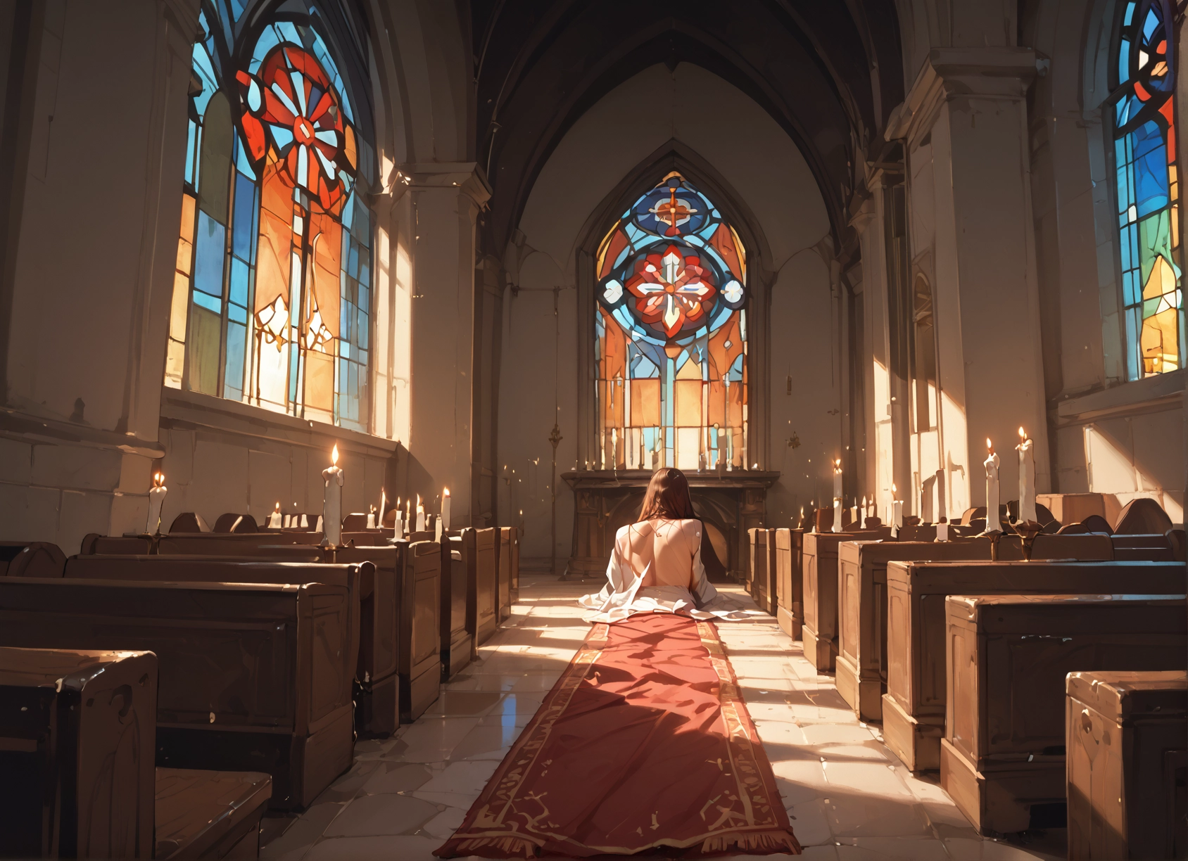 1girl, candle, solo, long hair, stained glass, indoors