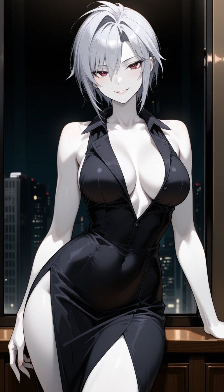 1girl, breasts, dress, solo, black dress, smile · Yamete.gg