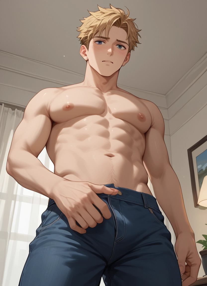 bara, male focus, 1boy, blonde hair, nipples, pectorals · Yamete.gg