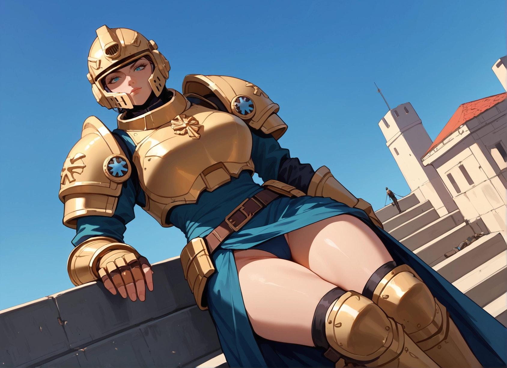 armor, 1girl, helmet, blue eyes, underwear, thighhighs · Yamete.gg