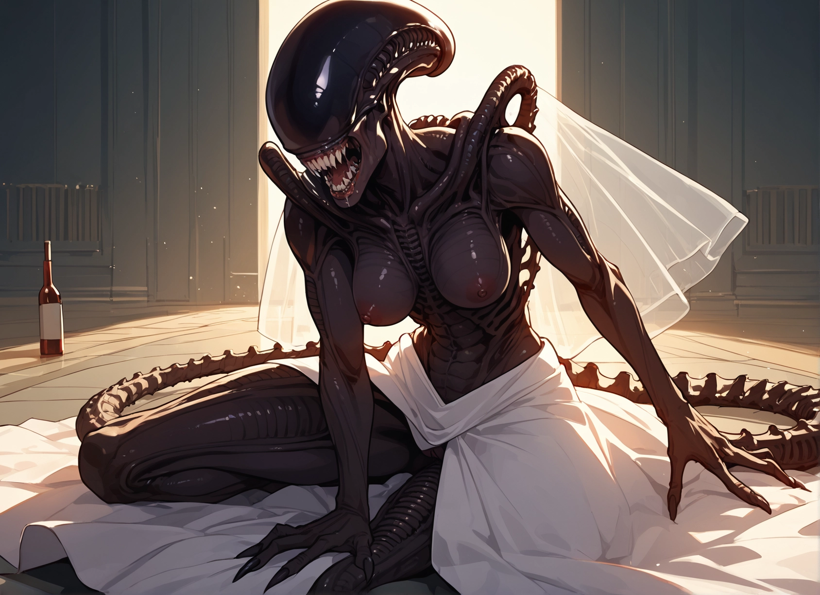 1girl, breasts, nipples, solo, bottle, teeth · Yamete.gg