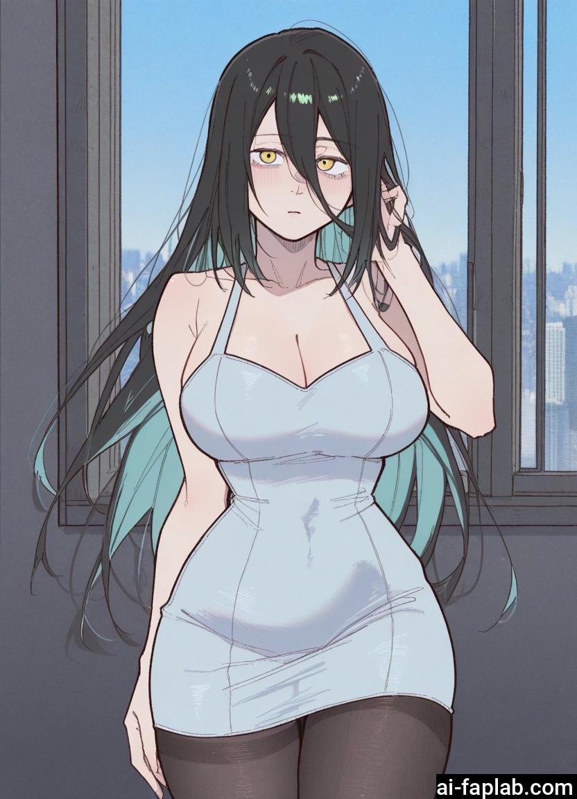 1girl, breasts, pantyhose, long hair, black hair, large breasts