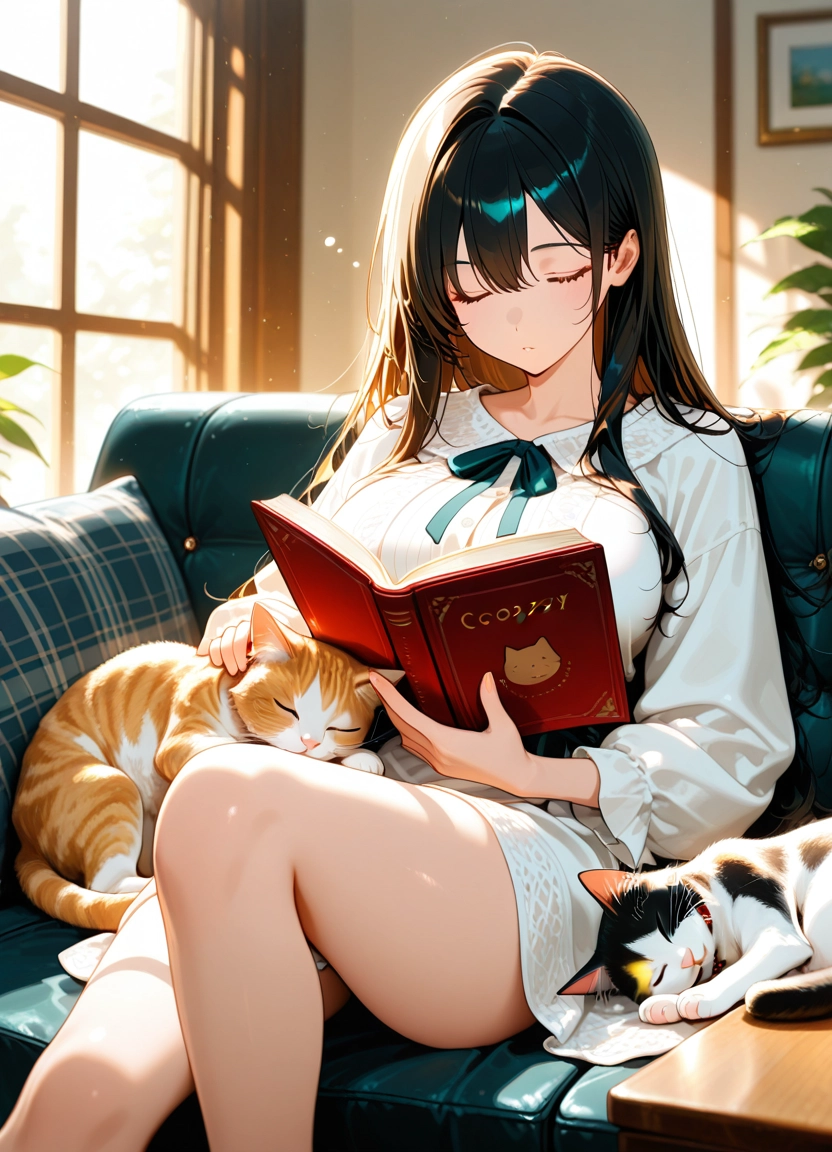 1girl, long hair, breasts, indoors, couch, closed eyes · Yamete.gg