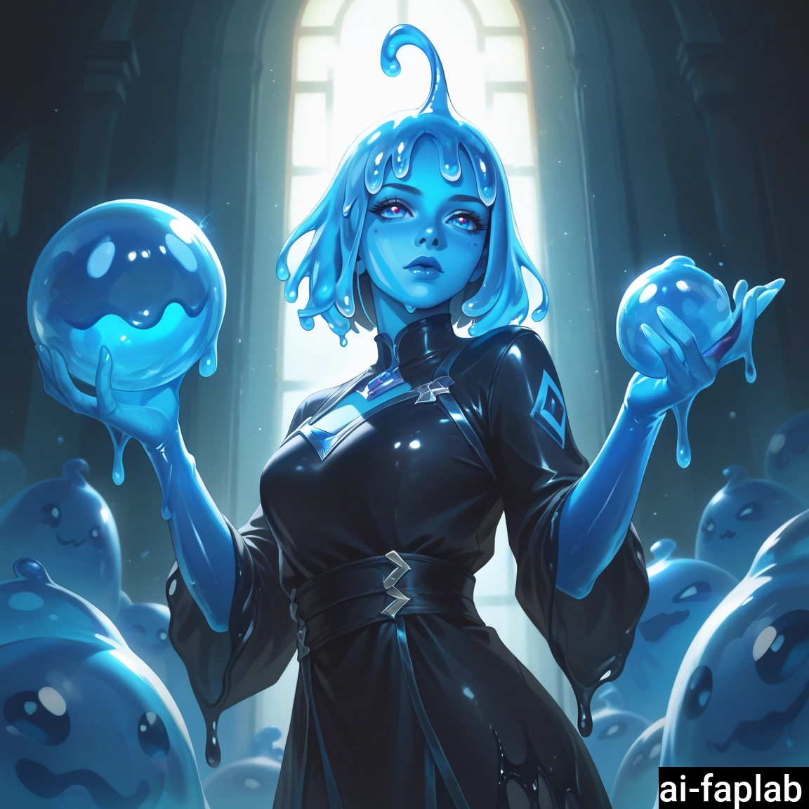 1girl, blue skin, slime girl, blue eyes, blue hair, slime (creature) · Yamete.gg