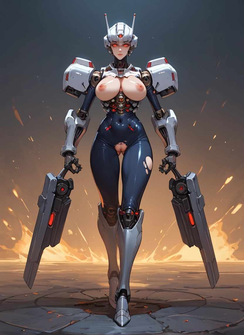 breasts, 1girl, solo, nipples, weapon, torn clothes · Yamete.gg