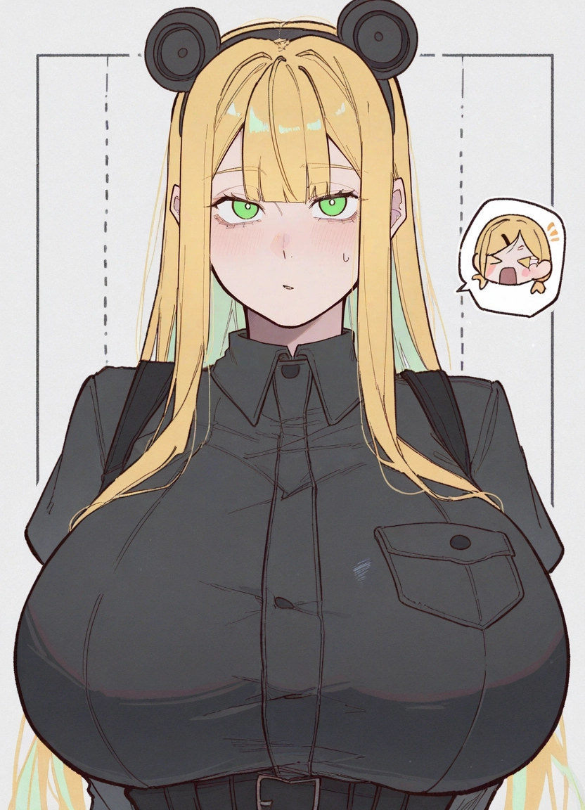 green eyes, breasts, blonde hair, shirt, black shirt, pocket · Yamete.gg