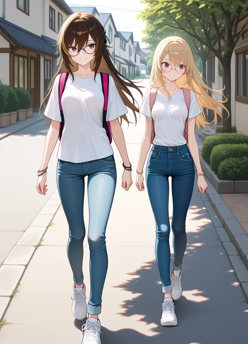 pants, multiple girls, 2girls, shirt, outdoors, white shirt · Yamete.gg
