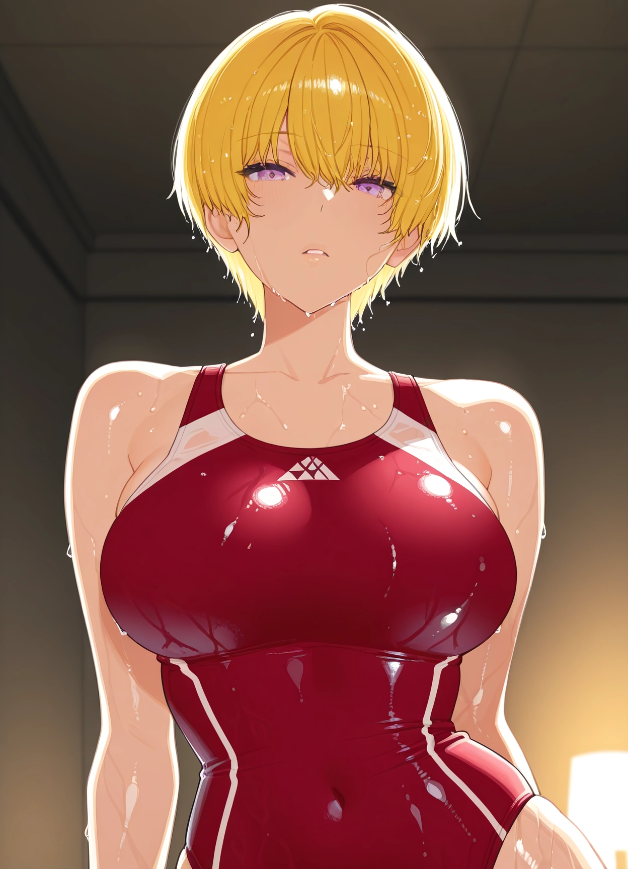 1girl, blonde hair, swimsuit, breasts, one-piece swimsuit, short hair