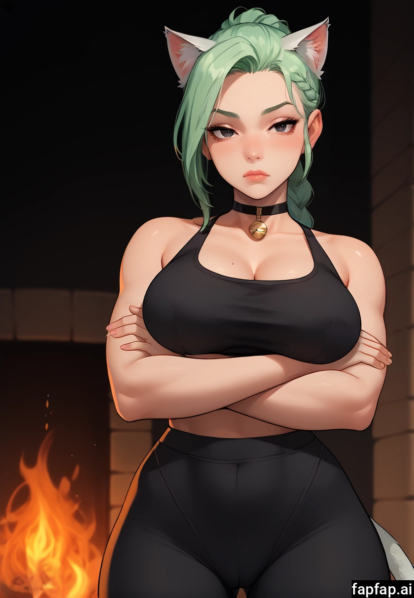 1girl, breasts, animal ears, solo, green hair, crossed arms · Yamete.gg