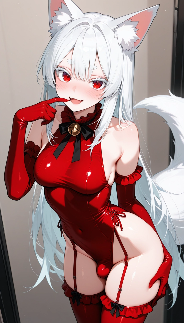 gloves, animal ears, red thighhighs, solo, tail, red gloves