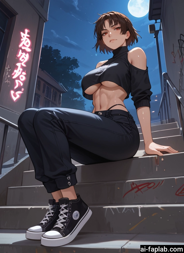 1girl, breasts, pants, short hair, brown hair, moon · Yamete.gg