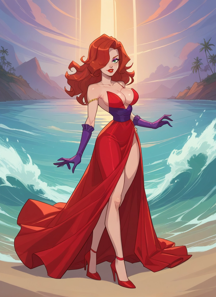 1girl, breasts, dress, gloves, high heels, hair over one eye · Yamete.gg