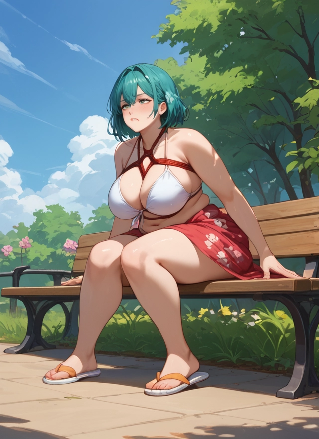 1girl, breasts, swimsuit, bikini, sandals, bench