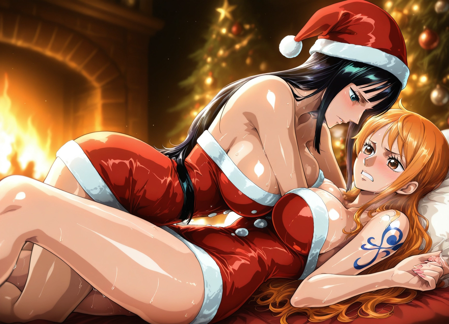 multiple girls, 2girls, breasts, hat, yuri, santa hat · Yamete.gg