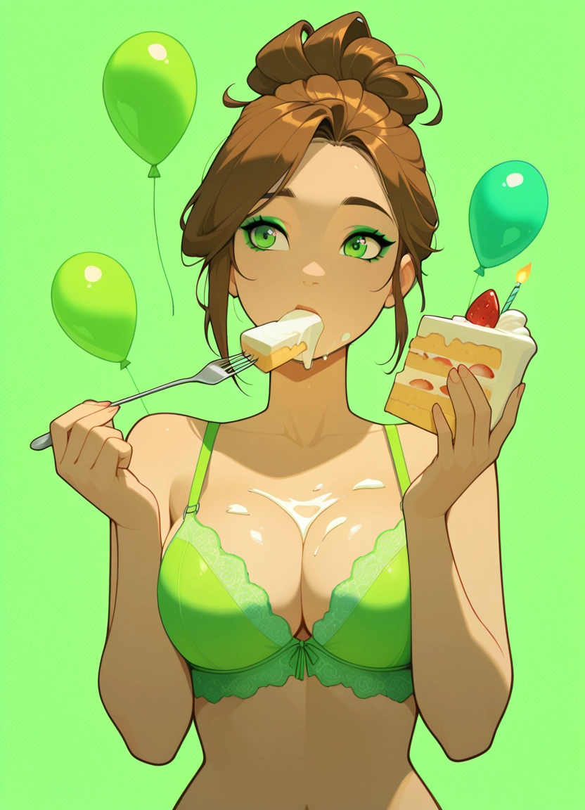 1girl, breasts, cake, food, solo, green eyes