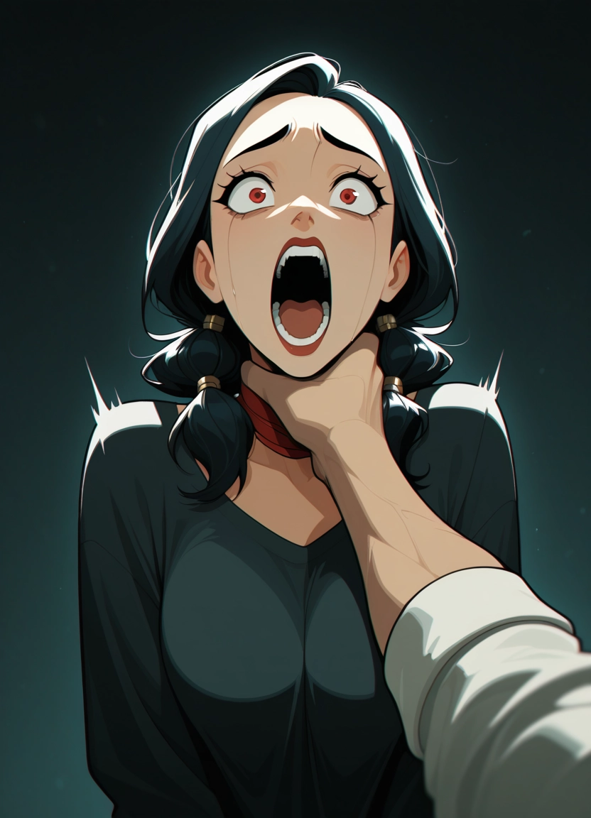 1girl, strangling, red eyes, black hair, asphyxiation, open mouth · Yamete.gg
