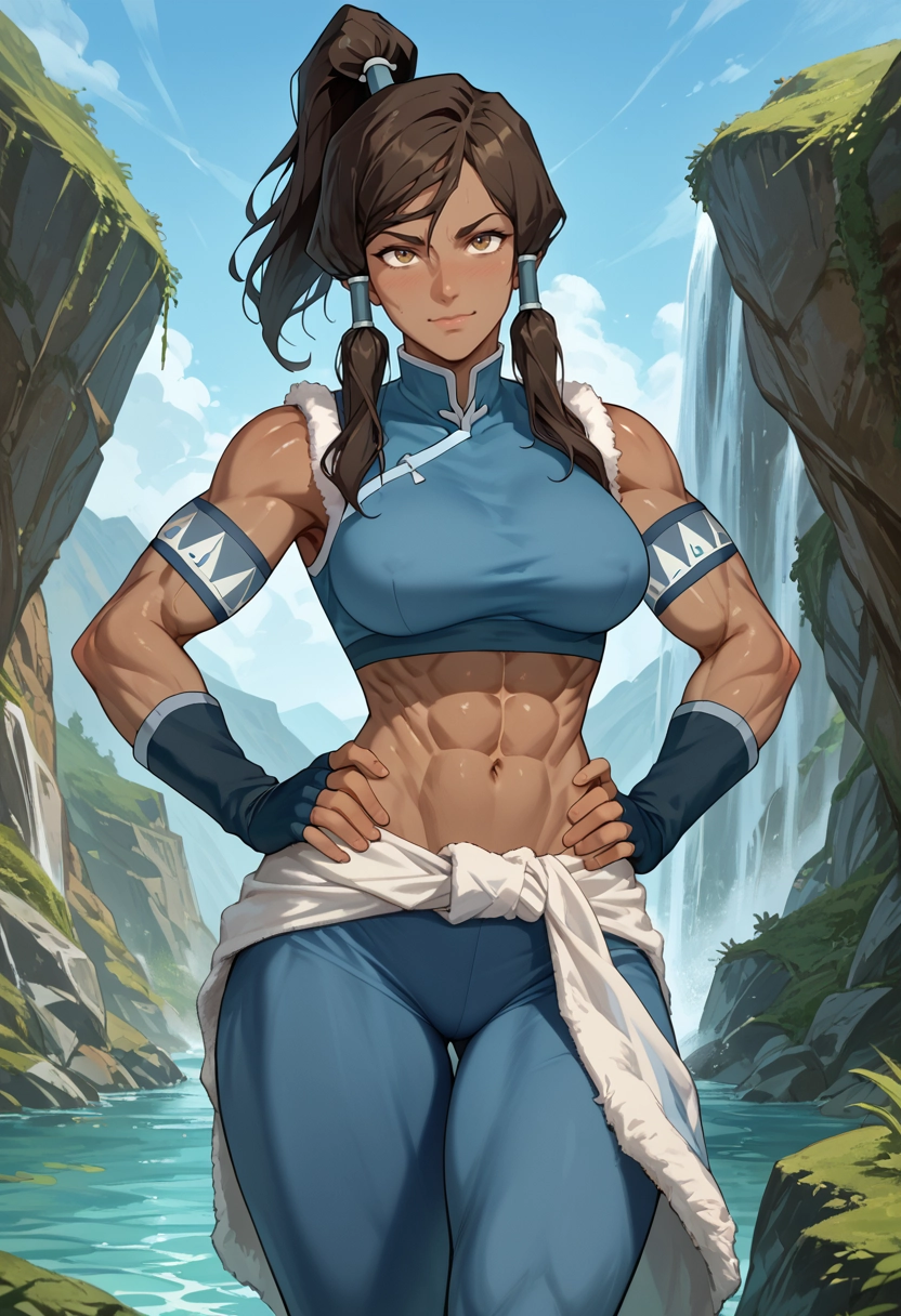 1girl, solo, muscular female, abs, hands on hips, brown hair · Yamete.gg