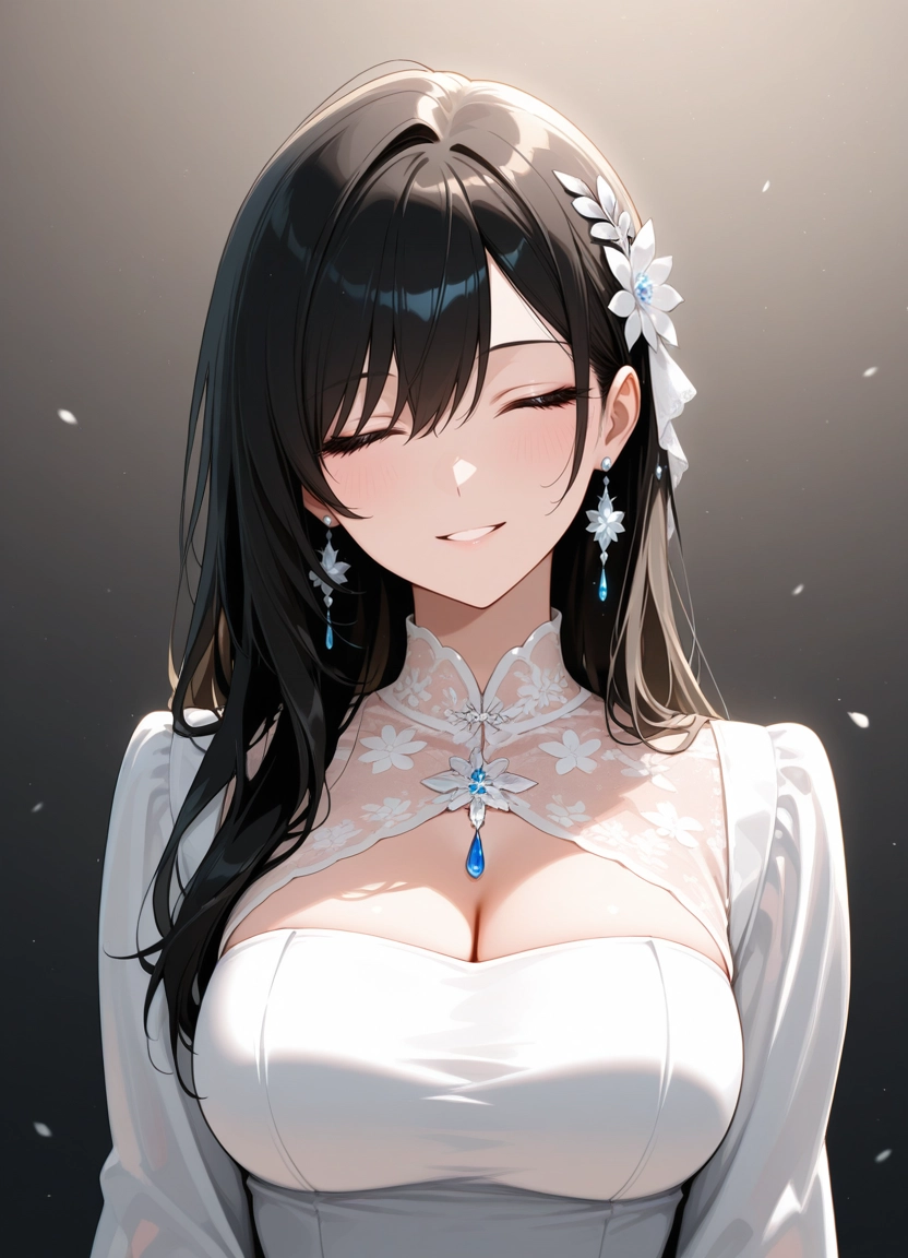 1girl, breasts, solo, jewelry, closed eyes, cleavage · Yamete.gg
