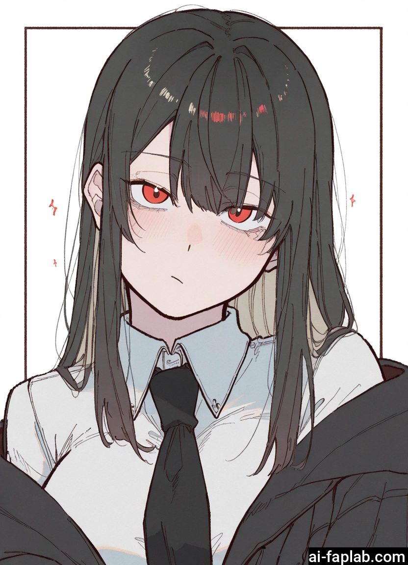 1girl, red eyes, necktie, solo, shirt, black hair