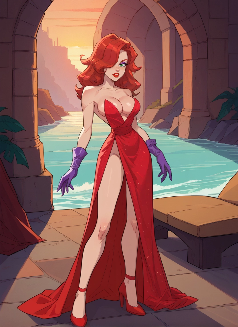 1girl, breasts, gloves, dress, green eyes, solo · Yamete.gg