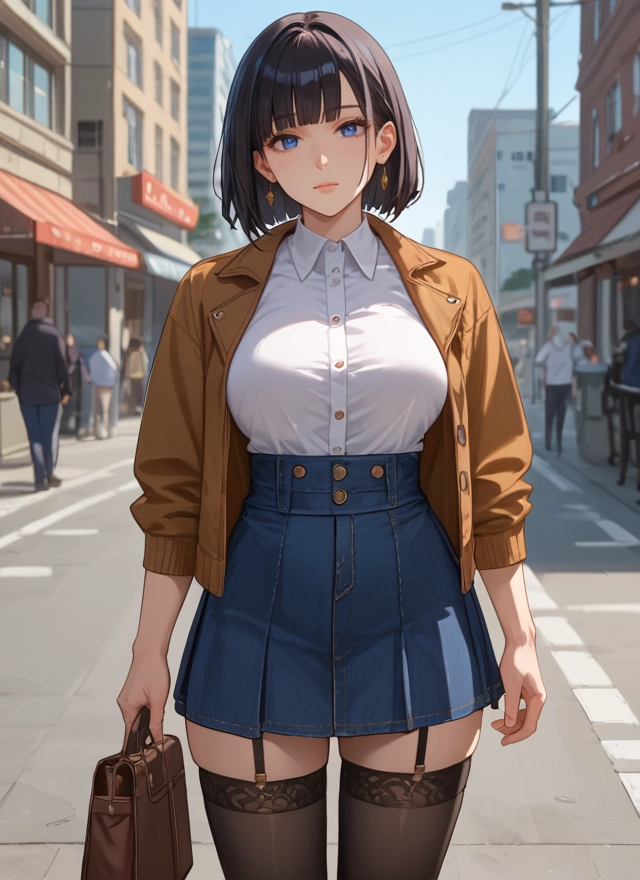 thighhighs, skirt, blue eyes, jewelry, earrings, breasts · Yamete.gg