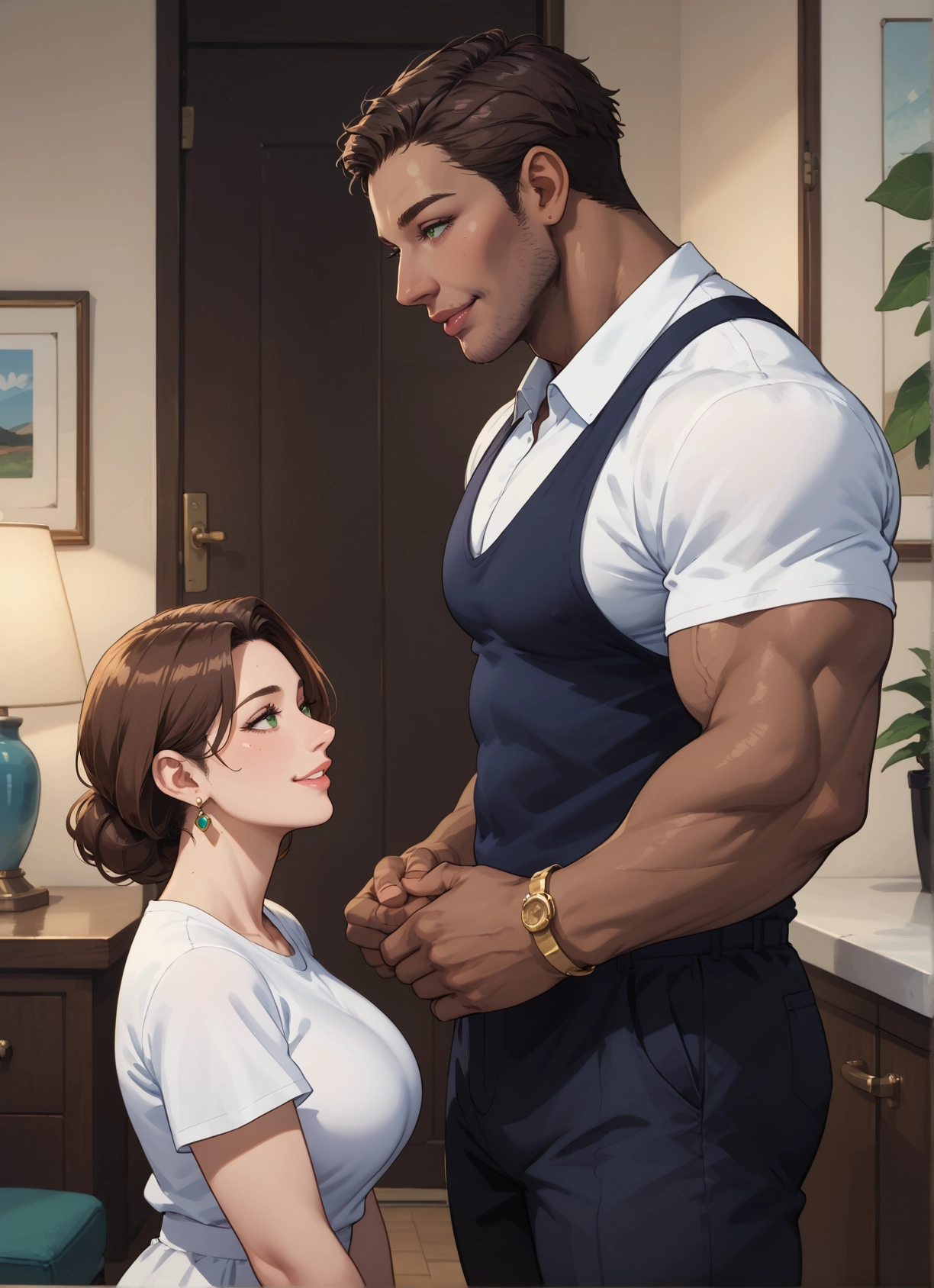 1girl, 1boy, brown hair, jewelry, watch, muscular · Yamete.gg