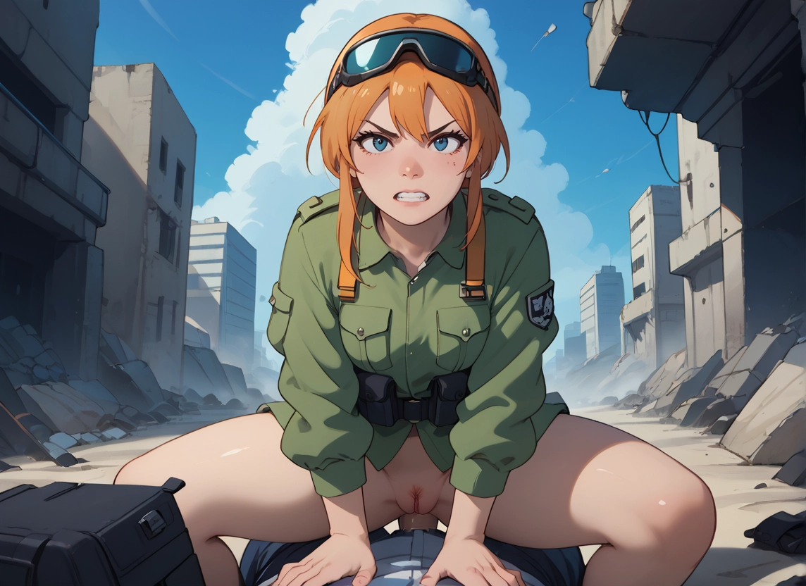 1girl, hetero, girl on top, goggles, blue eyes, 1boy