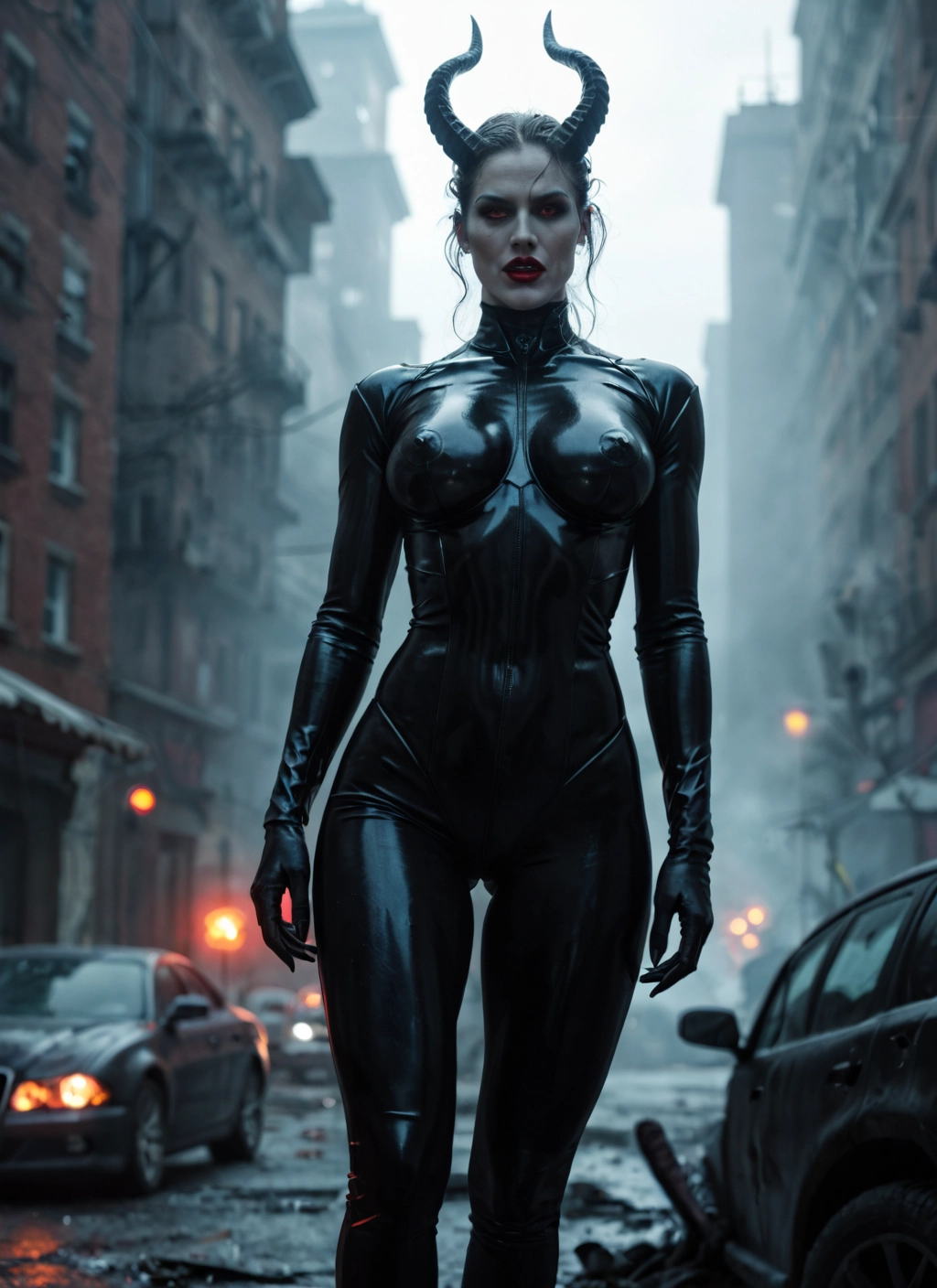 1girl, horns, motor vehicle, ground vehicle, car, bodysuit · Yamete.gg