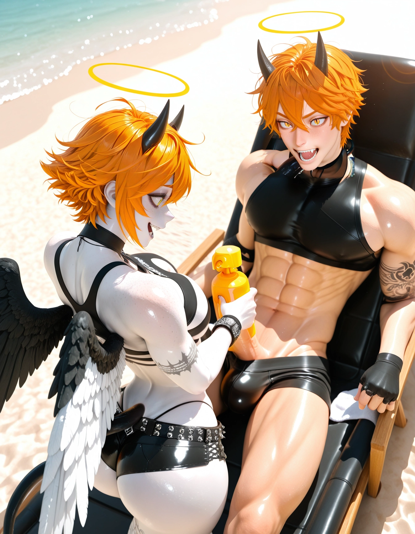 horns, orange hair, halo, demon boy, beach, male focus · Yamete.gg