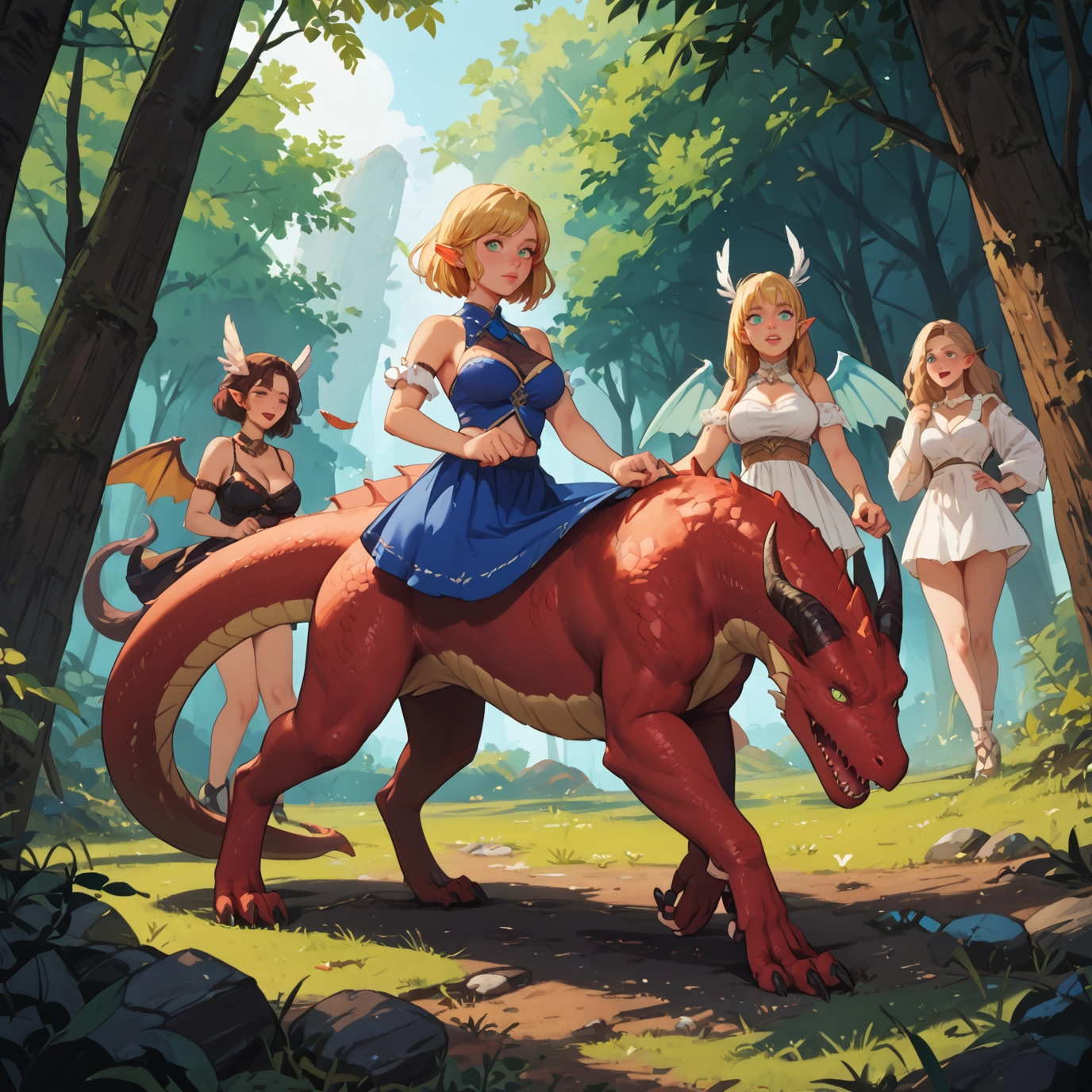 multiple girls, blonde hair, pointy ears, wings, breasts, 4girls · Yamete.gg