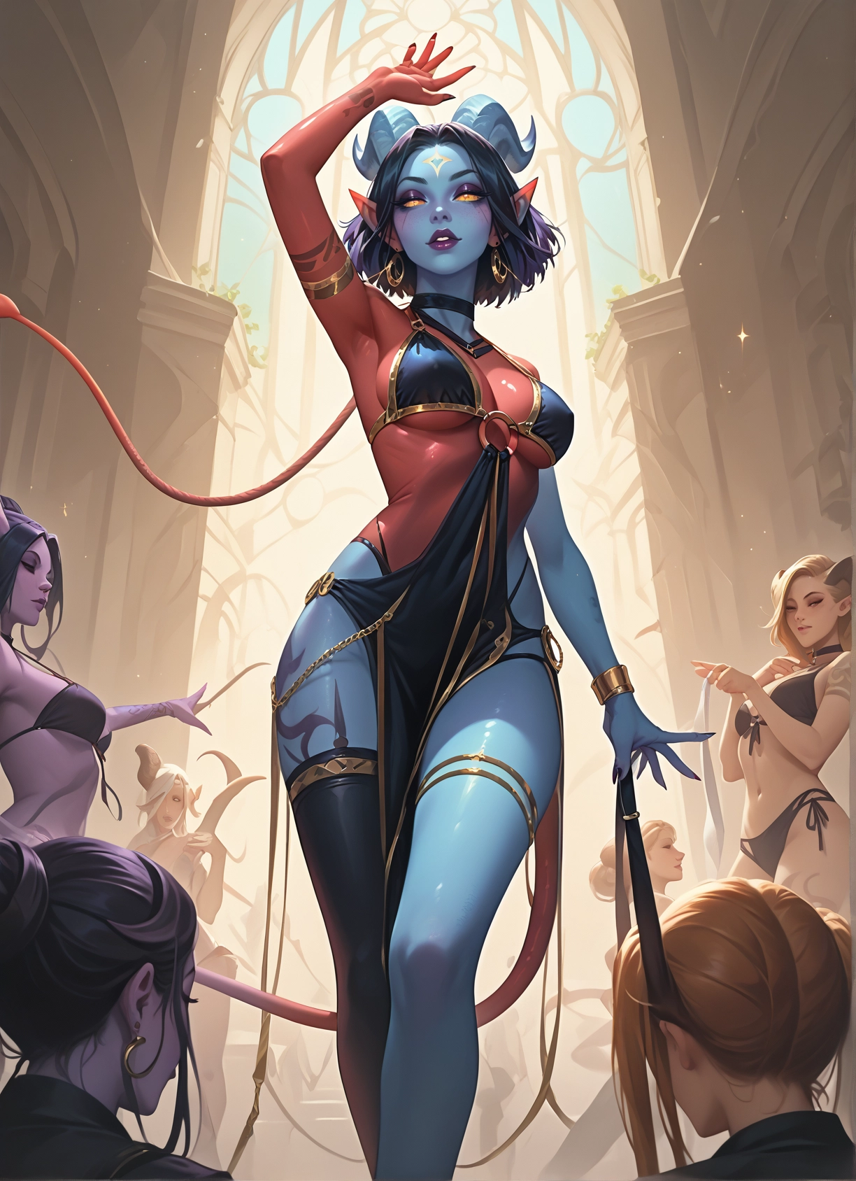 multiple girls, horns, colored skin, tail, breasts, jewelry · Yamete.gg