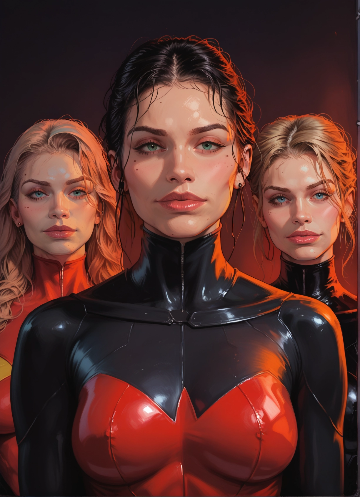 multiple girls, 3girls, blonde hair, bodysuit, mole, blue eyes · Yamete.gg