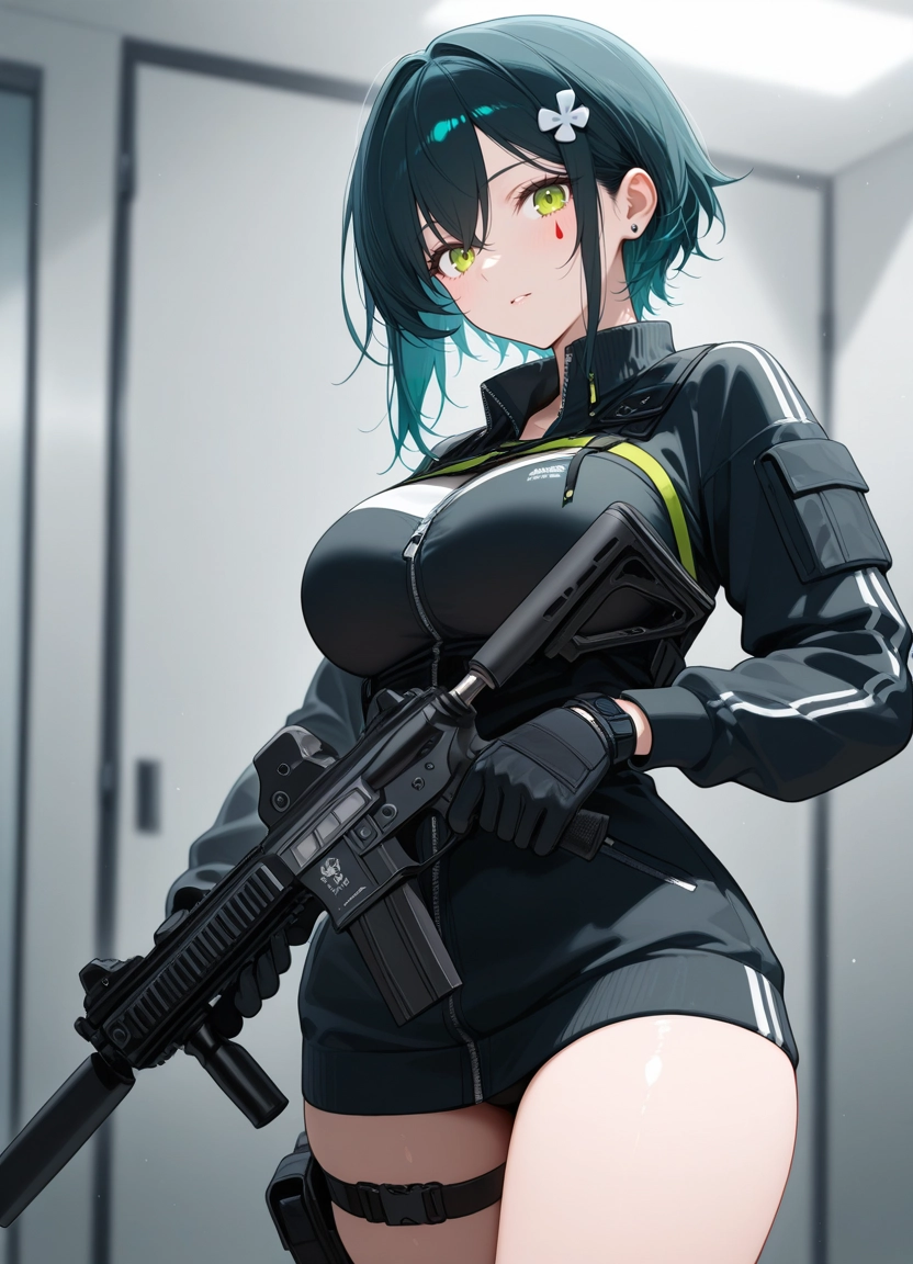 1girl, weapon, gun, breasts, solo, gloves · Yamete.gg
