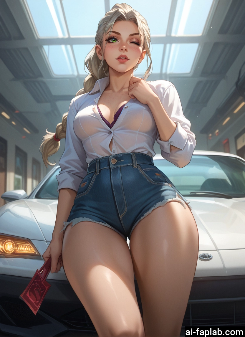 1girl, breasts, shorts, ground vehicle, motor vehicle, car · Yamete.gg