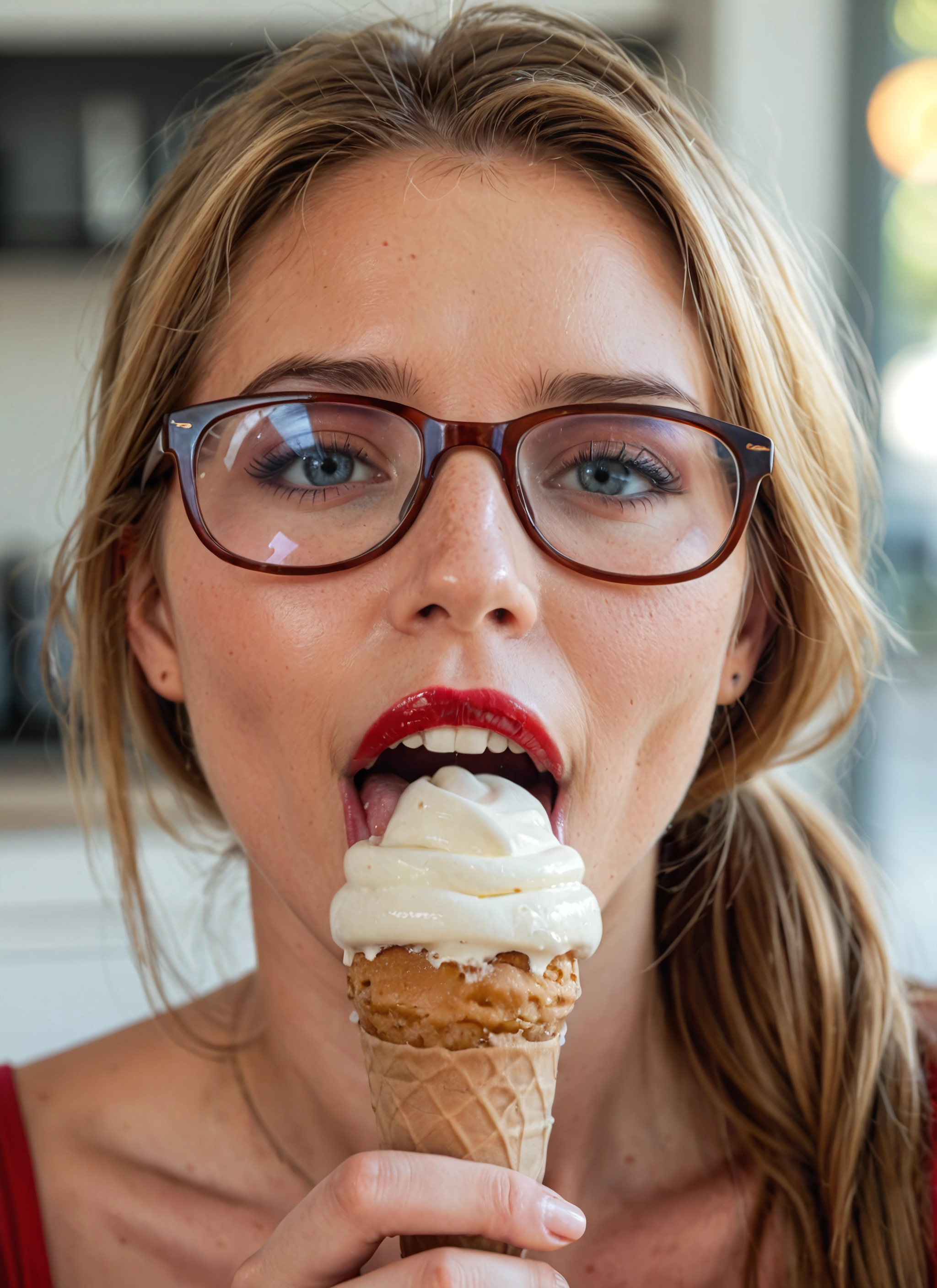 1girl, food, solo, ice cream, glasses, ice cream cone · Yamete.gg