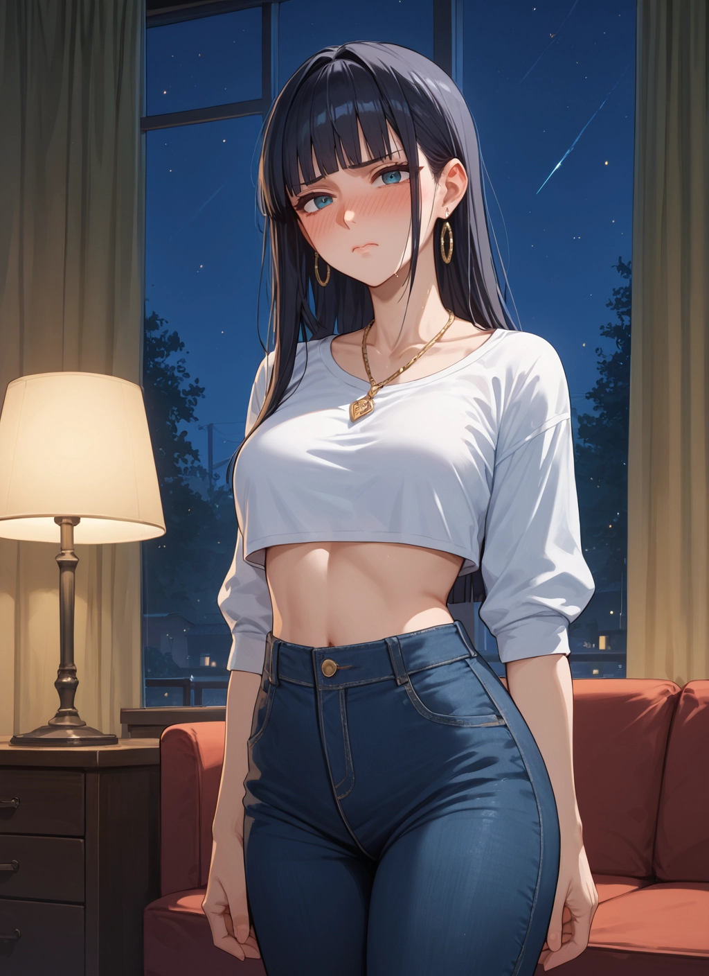 1girl, jewelry, earrings, solo, pants, navel