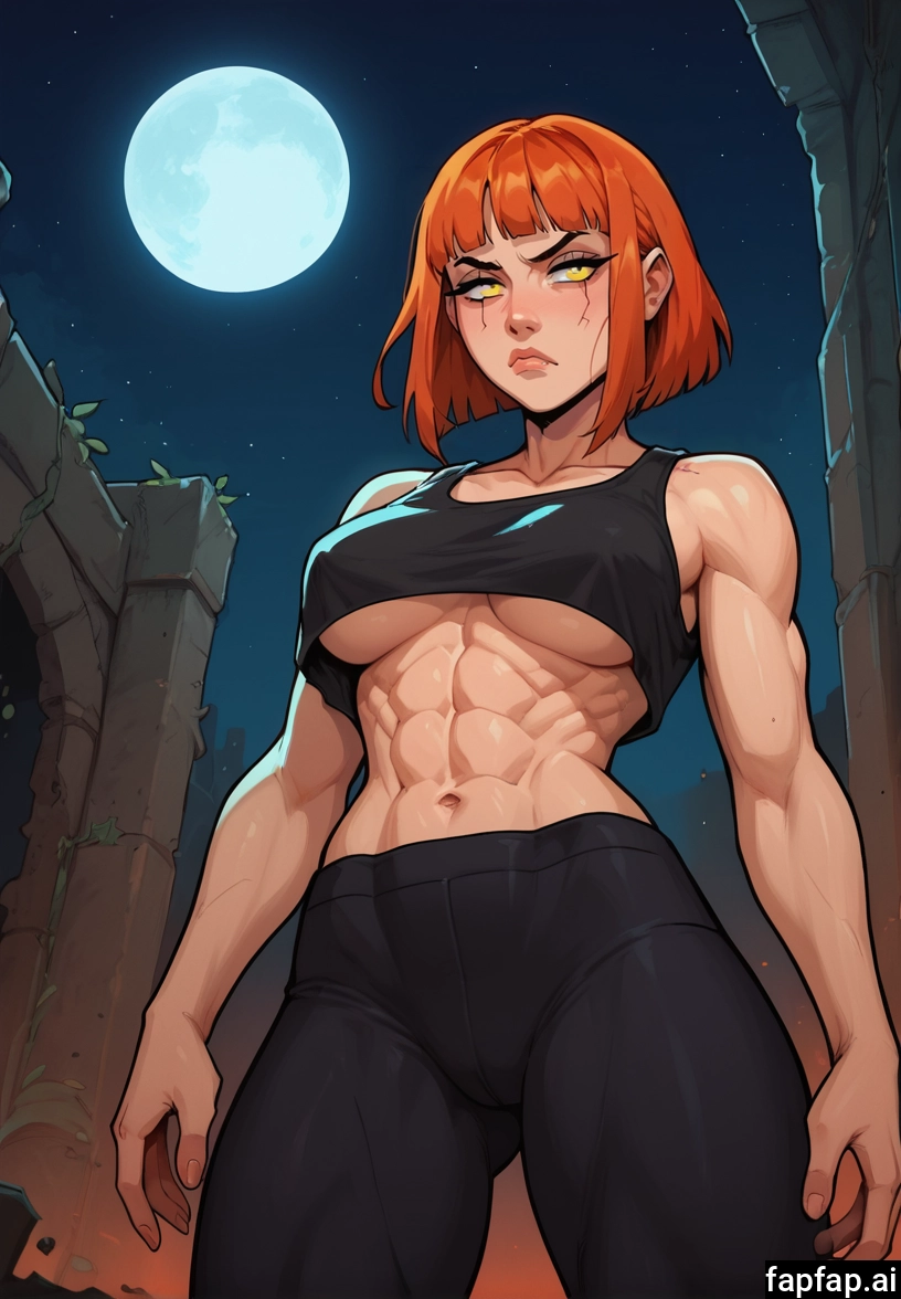 1girl, abs, breasts, moon, solo, yellow eyes · Yamete.gg