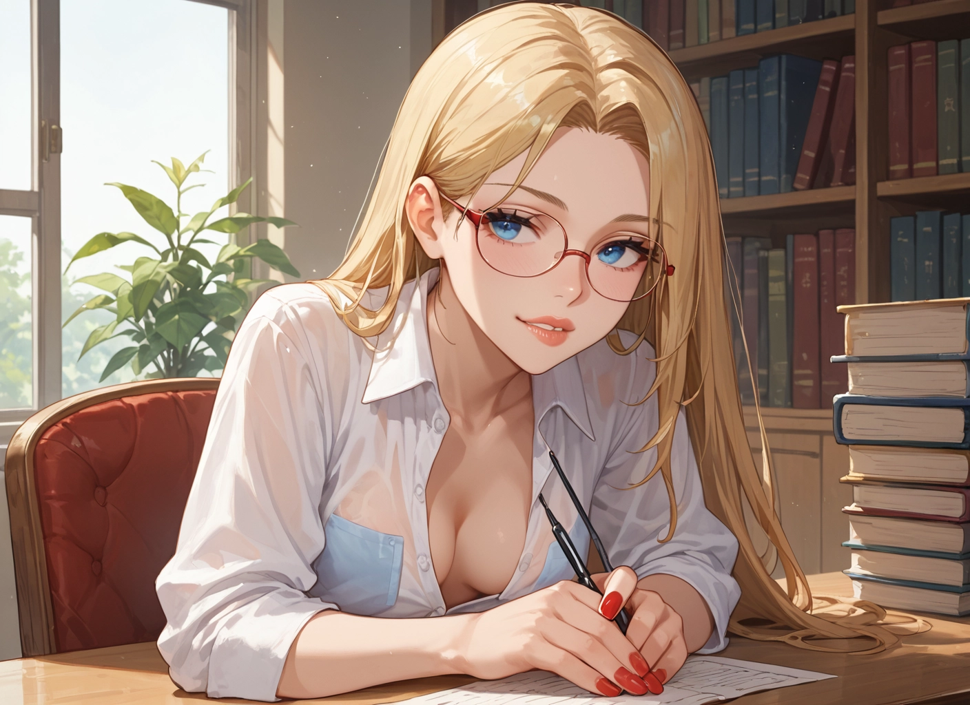 1girl, breasts, blonde hair, glasses, long hair, blue eyes · Yamete.gg