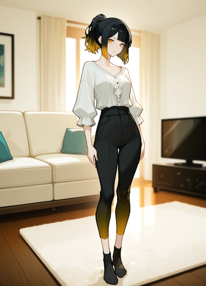 1girl, solo, black hair, socks, couch, looking at viewer · Yamete.gg