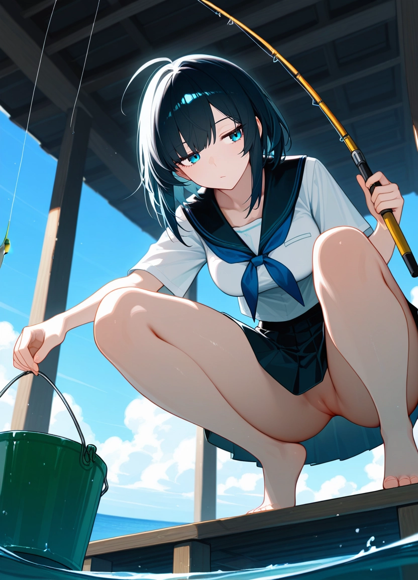 1girl, solo, pussy, school uniform, blue eyes, skirt · Yamete.gg