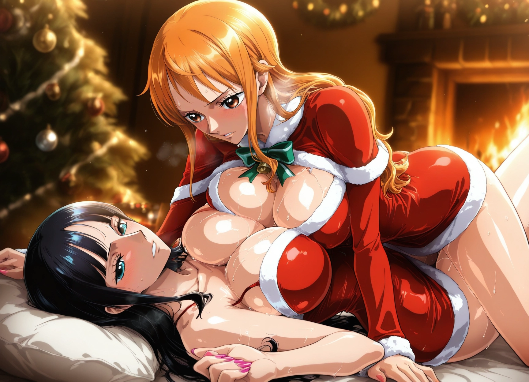 breasts, multiple girls, 2girls, yuri, christmas tree, black hair · Yamete.gg
