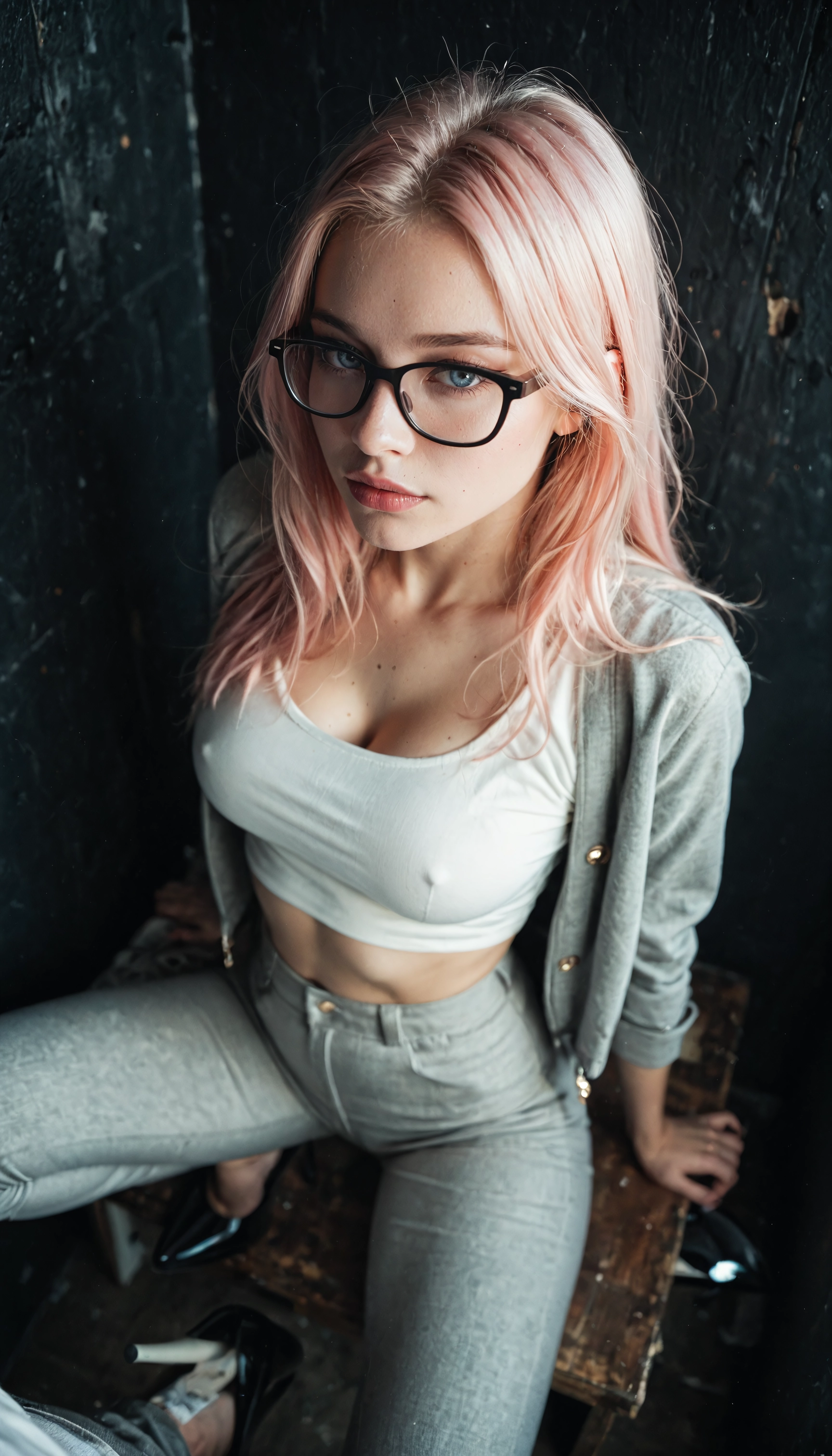 1girl, breasts, glasses, pants, blue eyes, sitting · Yamete.gg