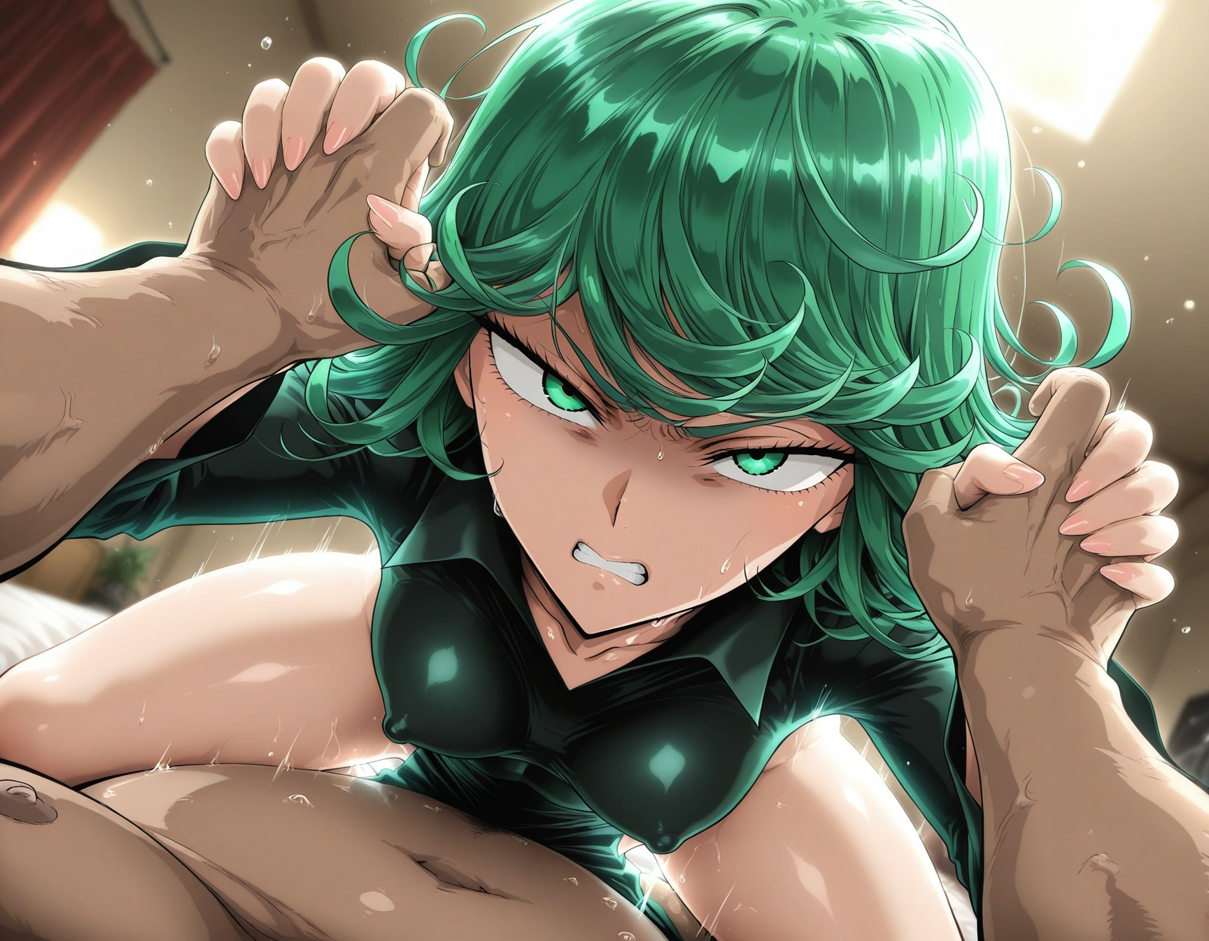 1girl, tatsumaki, dress, breasts, 1boy, green eyes
