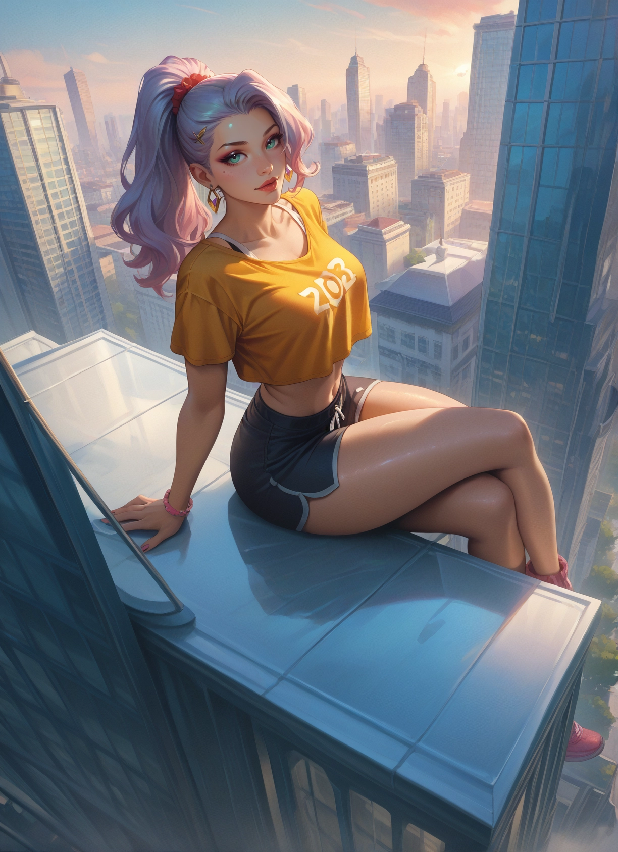 1girl, shorts, jewelry, solo, earrings, sitting · Yamete.gg