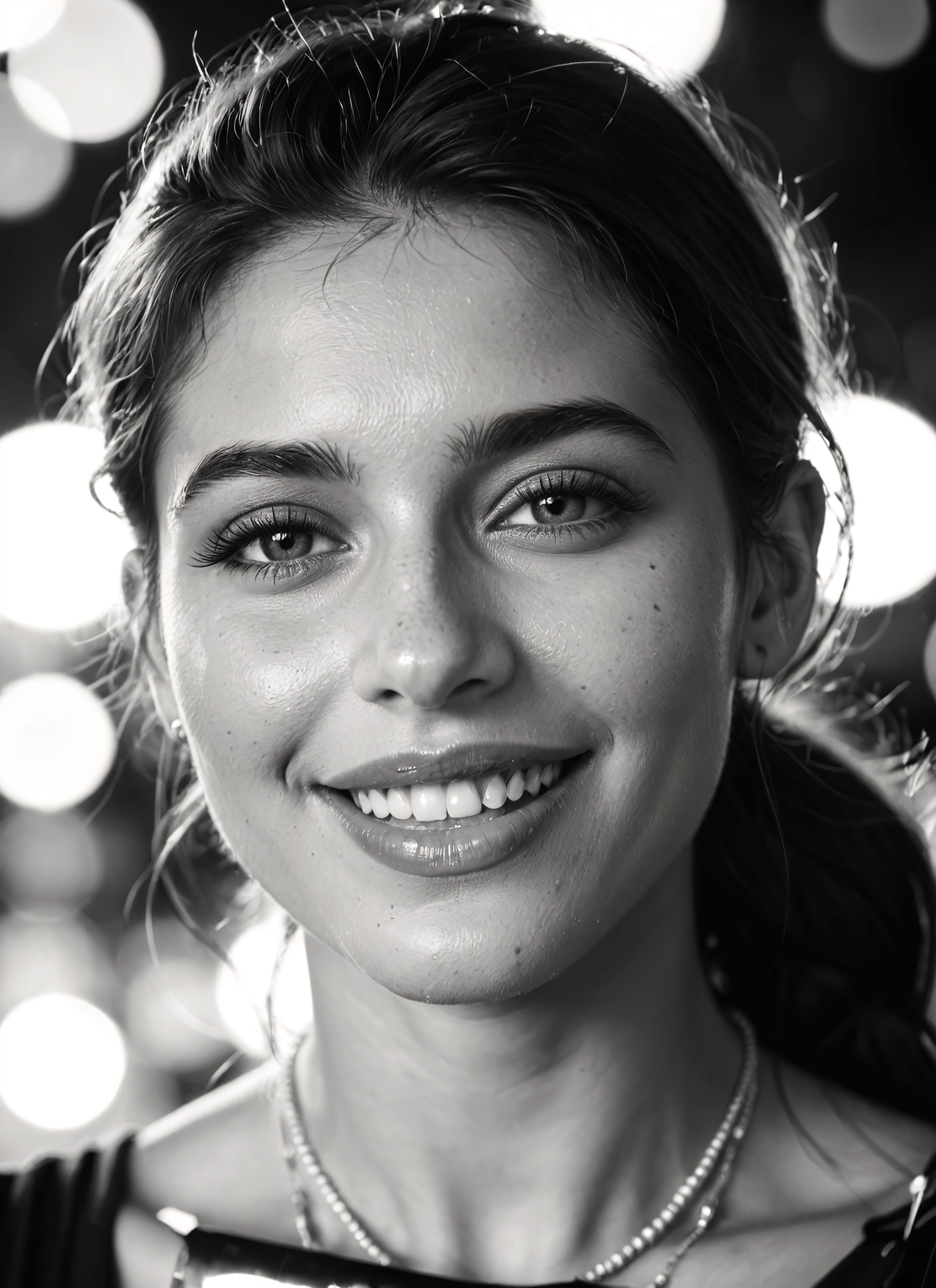 monochrome, greyscale, 1girl, solo, jewelry, smile · Yamete.gg