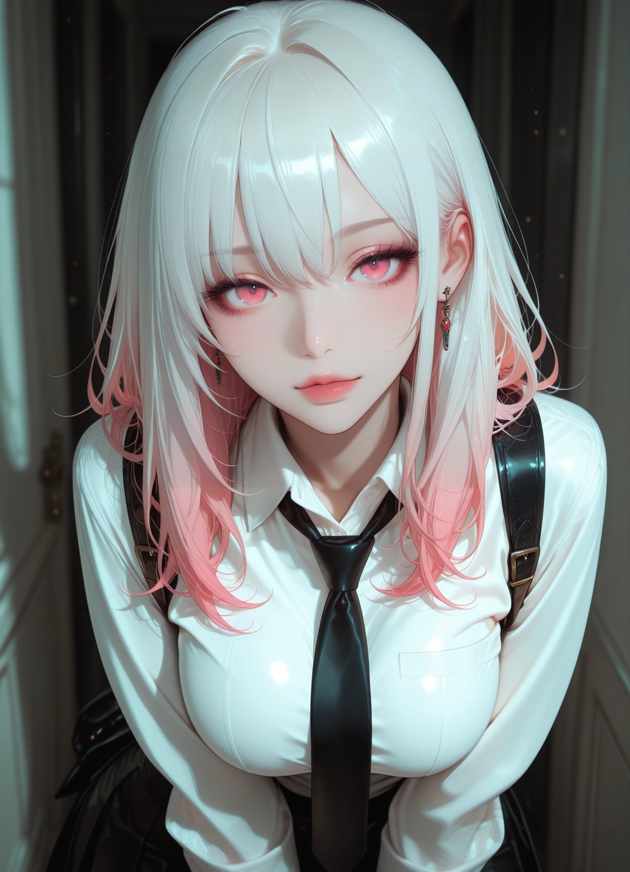 1girl, solo, shirt, necktie, jewelry, looking at viewer · Yamete.gg