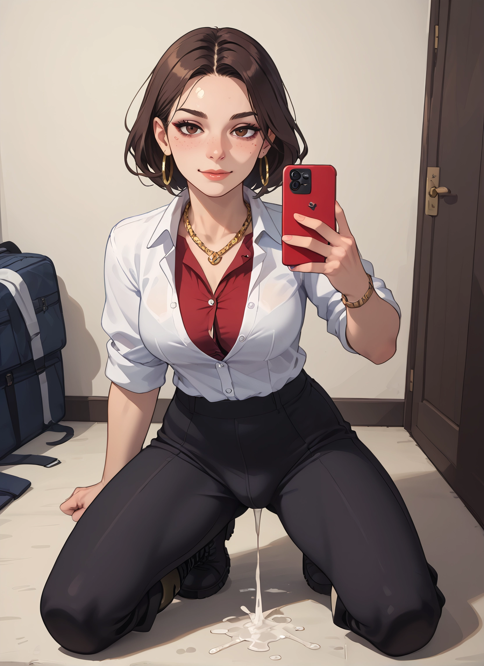 1girl, jewelry, phone, brown hair, earrings, cum · Yamete.gg
