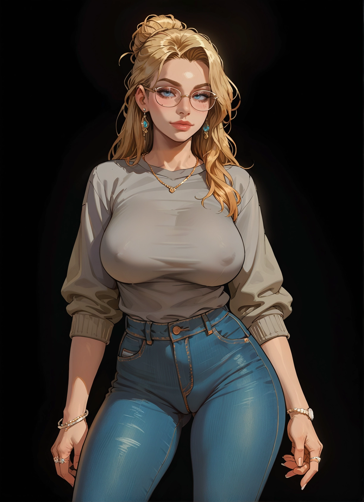 1girl, breasts, jewelry, blonde hair, pants, blue eyes · Yamete.gg